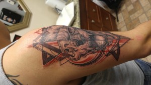 Geometric Lion Tattoo Completed in two sessions by Raul Regalado at Skinhouse Tattoo Studio in Longmont, CO.