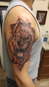 Geometric Lion Tattoo Completed in two sessions by Raul Regalado at Skinhouse Tattoo Studio in Longmont, CO.